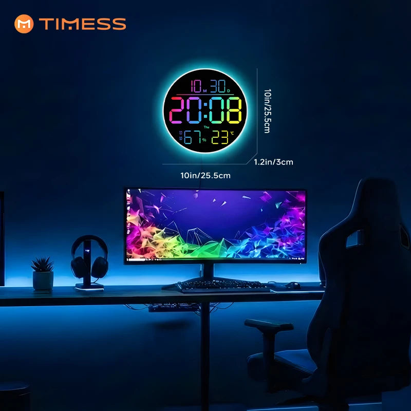 10 Inch RGB LED Digital Wall Clock Remote Control Large Display Date Temperature Humidity Auto Dimming Modern Living Room Decor