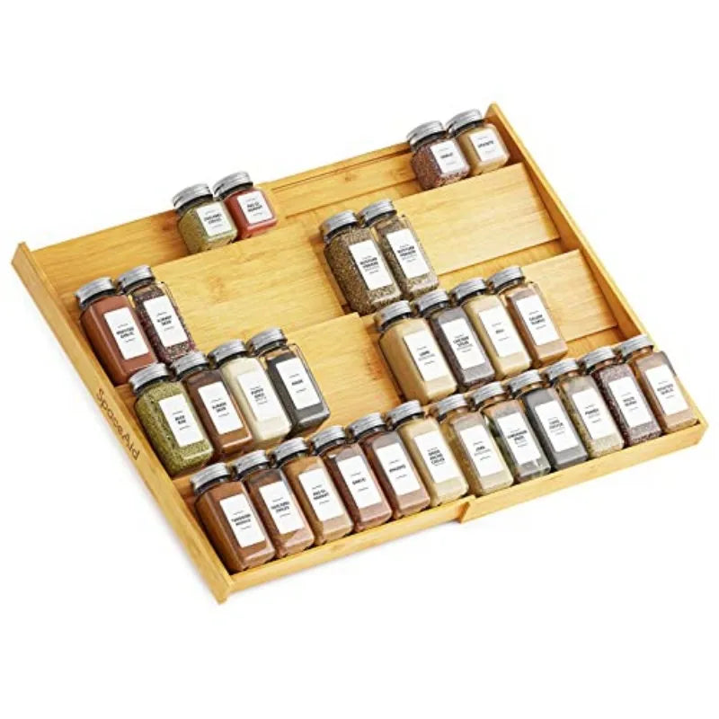Expandable Bamboo Spice Drawer Organizer Four Tier Kitchen Storage