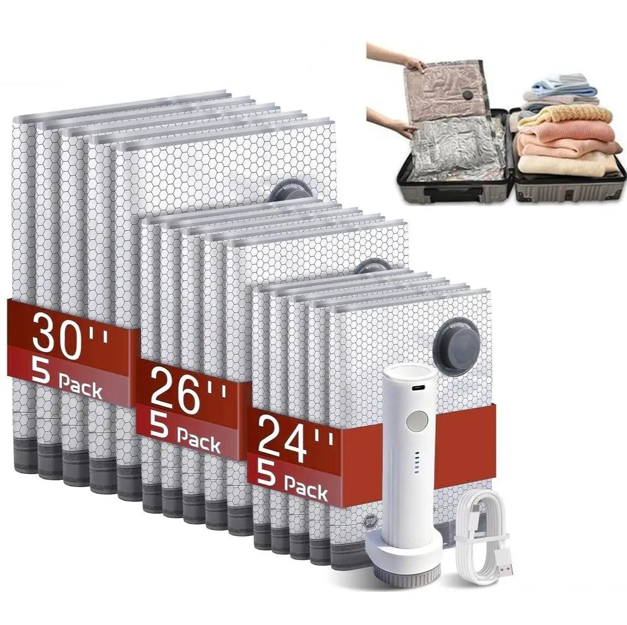 Cordless Travel Vacuum Compression Bag Set 15 Pack Luggage Organizer