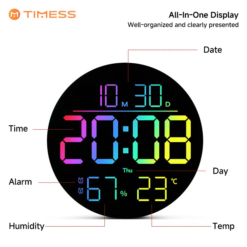 10 Inch RGB LED Digital Wall Clock Remote Control Large Display Date Temperature Humidity Auto Dimming Modern Living Room Decor