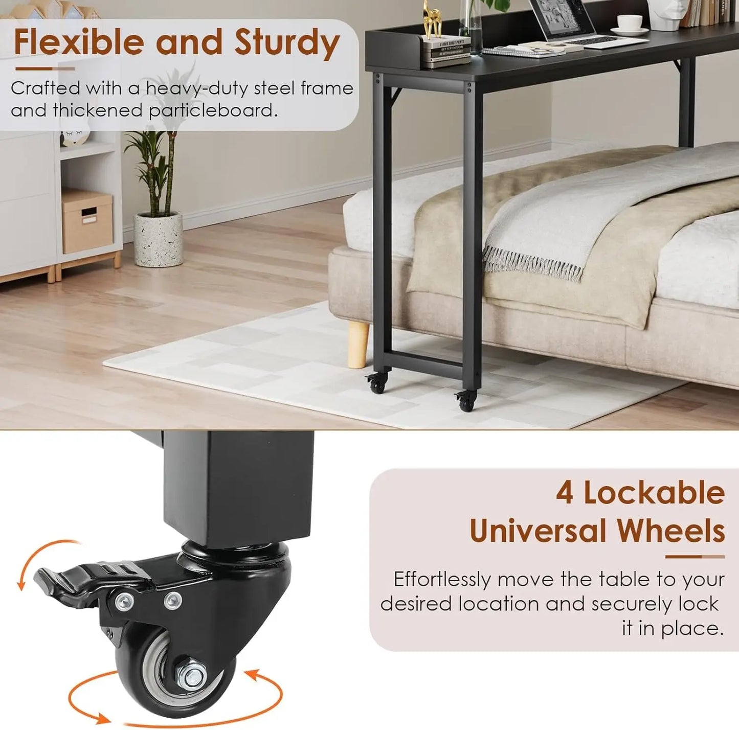Heavy Duty Overbed Table With Wheels For Bedroom Or Office Use