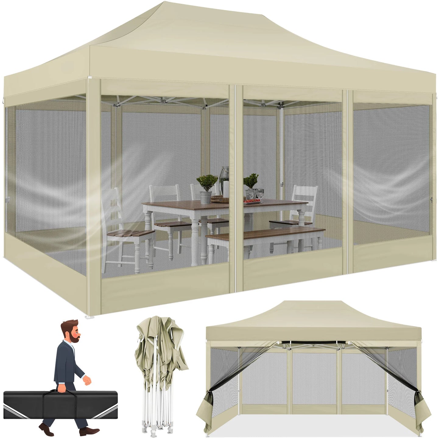HOTEEL Heavy Duty Pop Up Canopy With Mosquito Netting Sidewalls