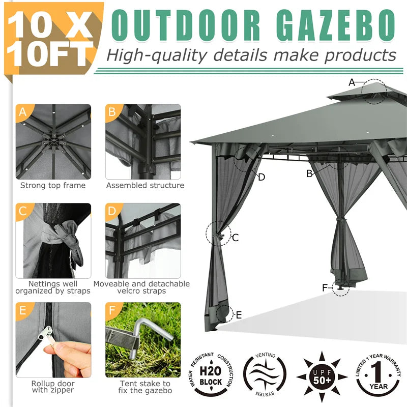 Tooluck Gazebo With Heavy Duty Double Roof Steel Frame For Patio