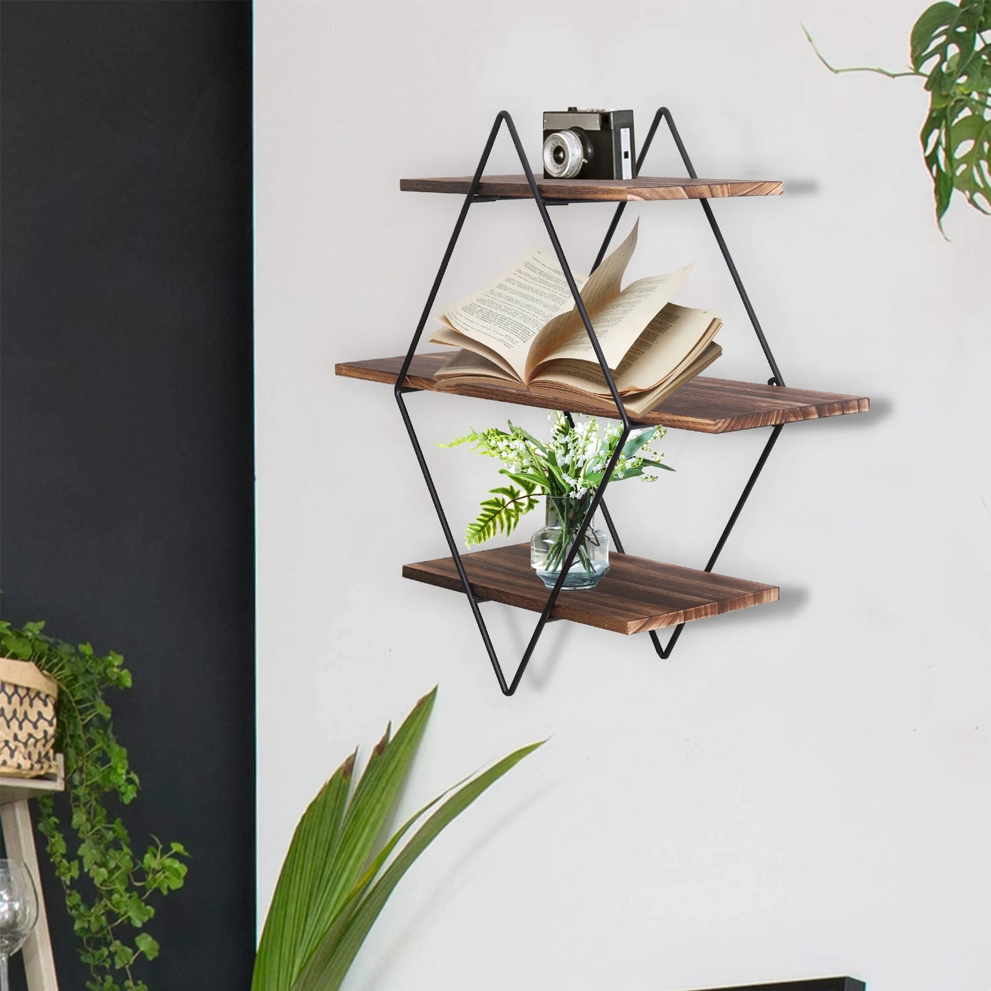 Three Tier Industrial Wood Floating Shelf Heavy Duty Wall Mount