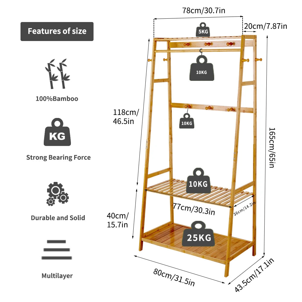 BINGOPAW Bamboo Coat Rack Top Shelf 2 Tier Shoe Storage