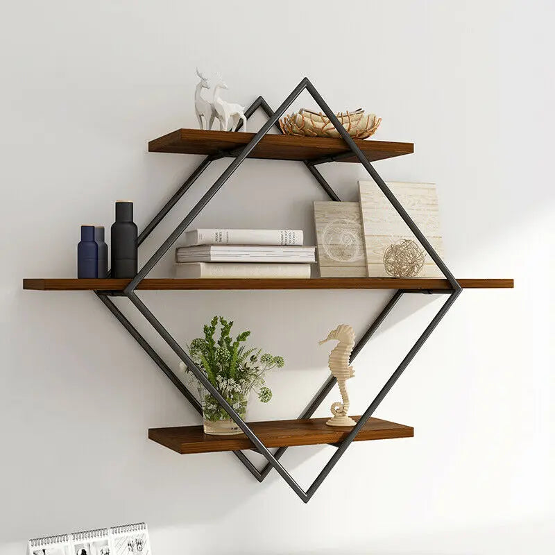 Three Tier Industrial Wood Floating Shelf Heavy Duty Wall Mount