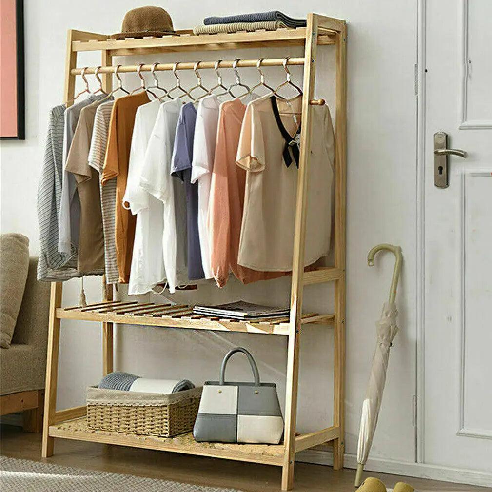 BINGOPAW Bamboo Coat Rack Top Shelf 2 Tier Shoe Storage