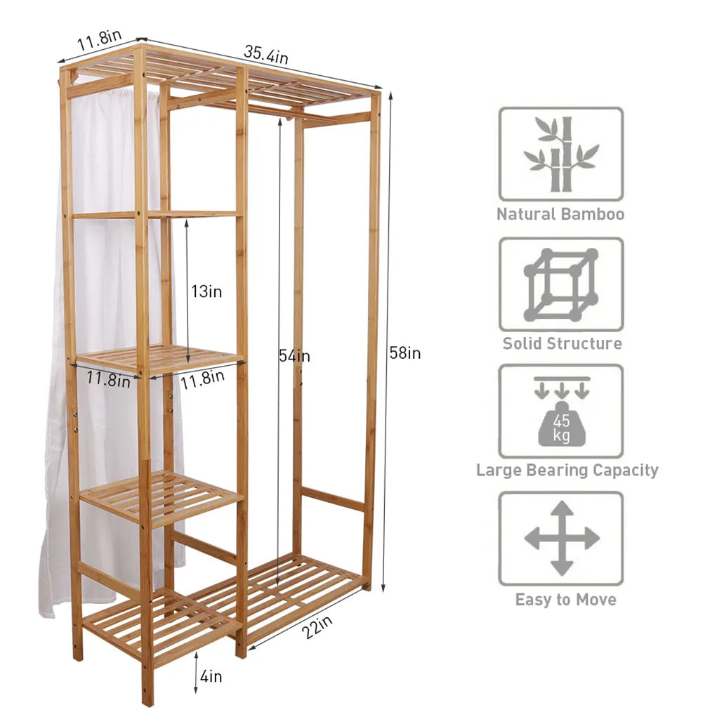 BINGOPAW Bamboo Wood Coat Rack With Shelves For Home Organization