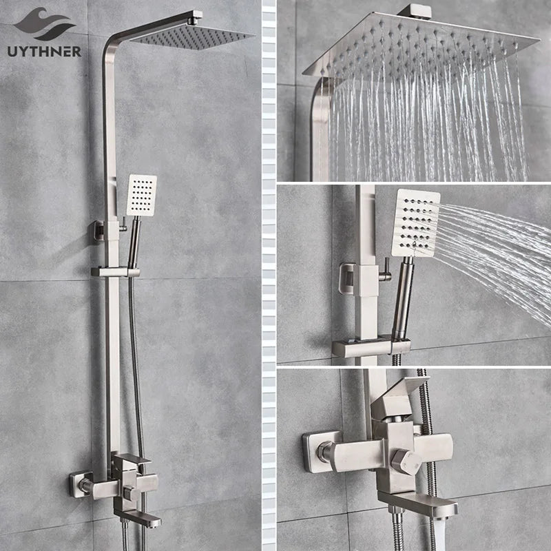 Uythner Wall Mount Rainfall Bath Shower Faucet With Hand Shower