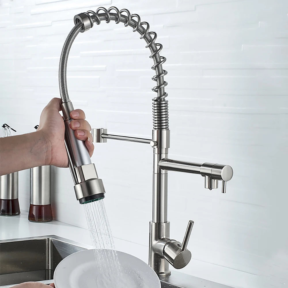 DQOK Brushed Spring Pull Down Kitchen Faucet Hot Cold Water