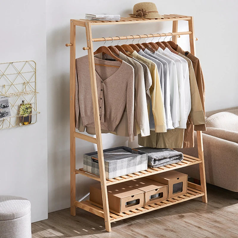 BINGOPAW Bamboo Coat Rack Top Shelf 2 Tier Shoe Storage