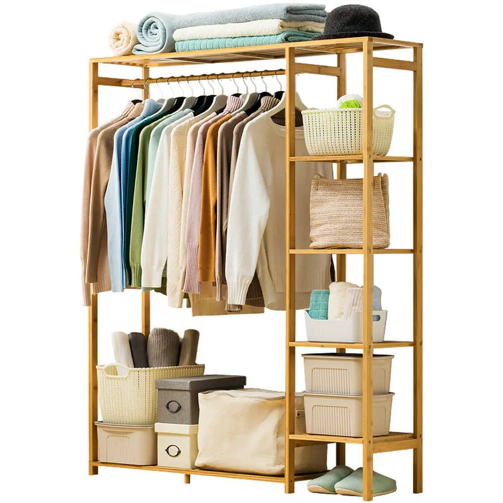 BINGOPAW Bamboo Wood Coat Rack With Shelves For Home Organization