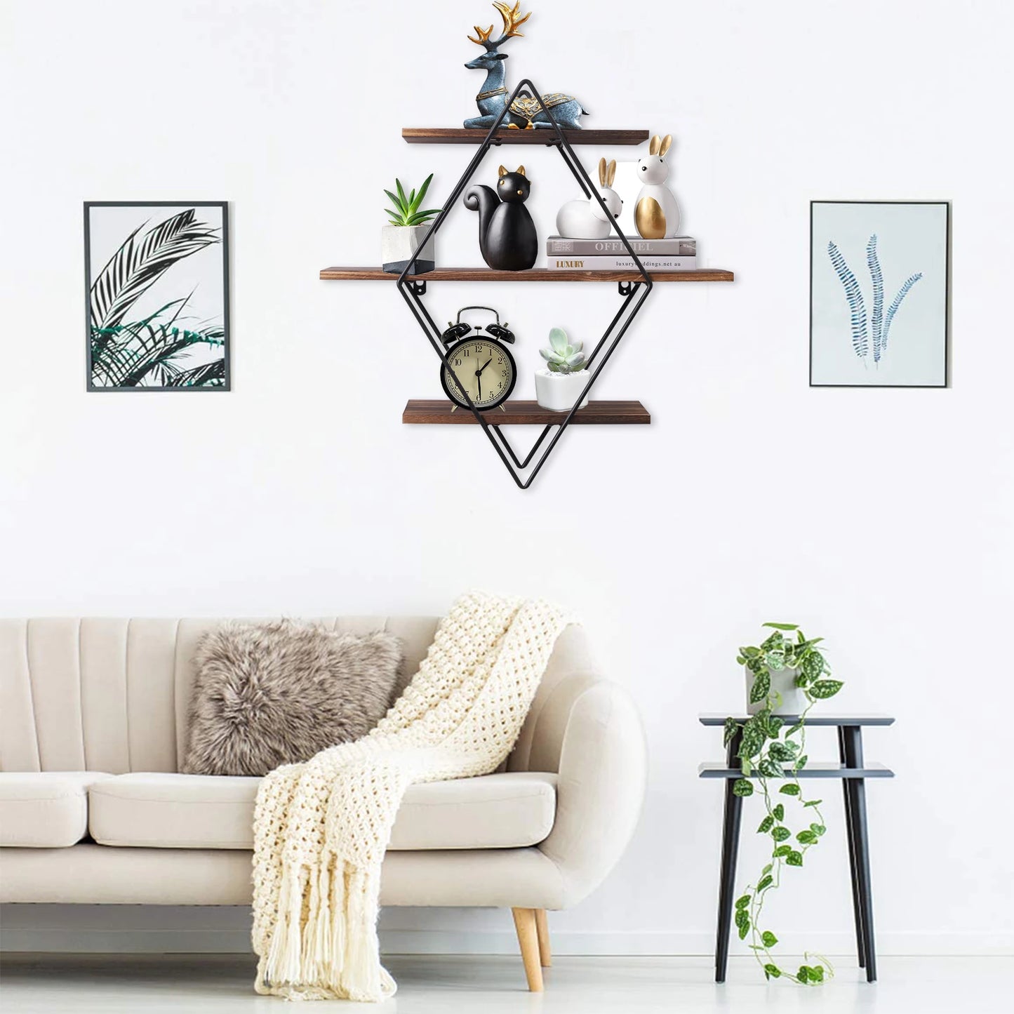 Three Tier Industrial Wood Floating Shelf Heavy Duty Wall Mount