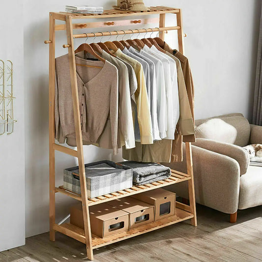 BINGOPAW Bamboo Coat Rack Top Shelf 2 Tier Shoe Storage