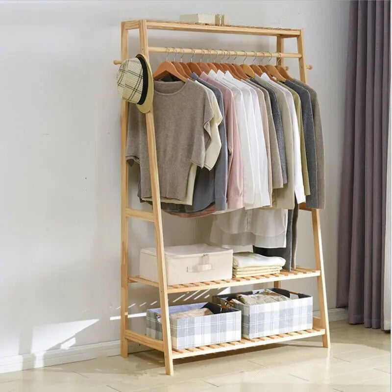 BINGOPAW Bamboo Coat Rack Top Shelf 2 Tier Shoe Storage