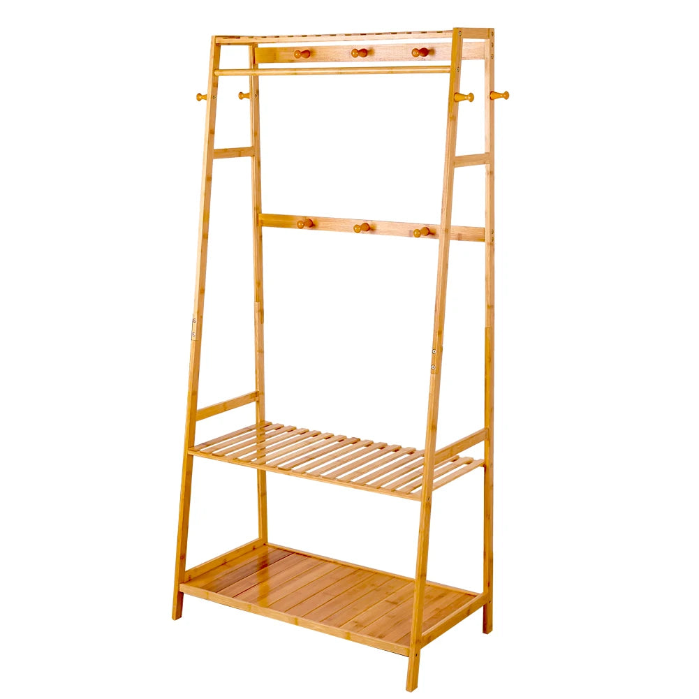 BINGOPAW Bamboo Coat Rack Top Shelf 2 Tier Shoe Storage