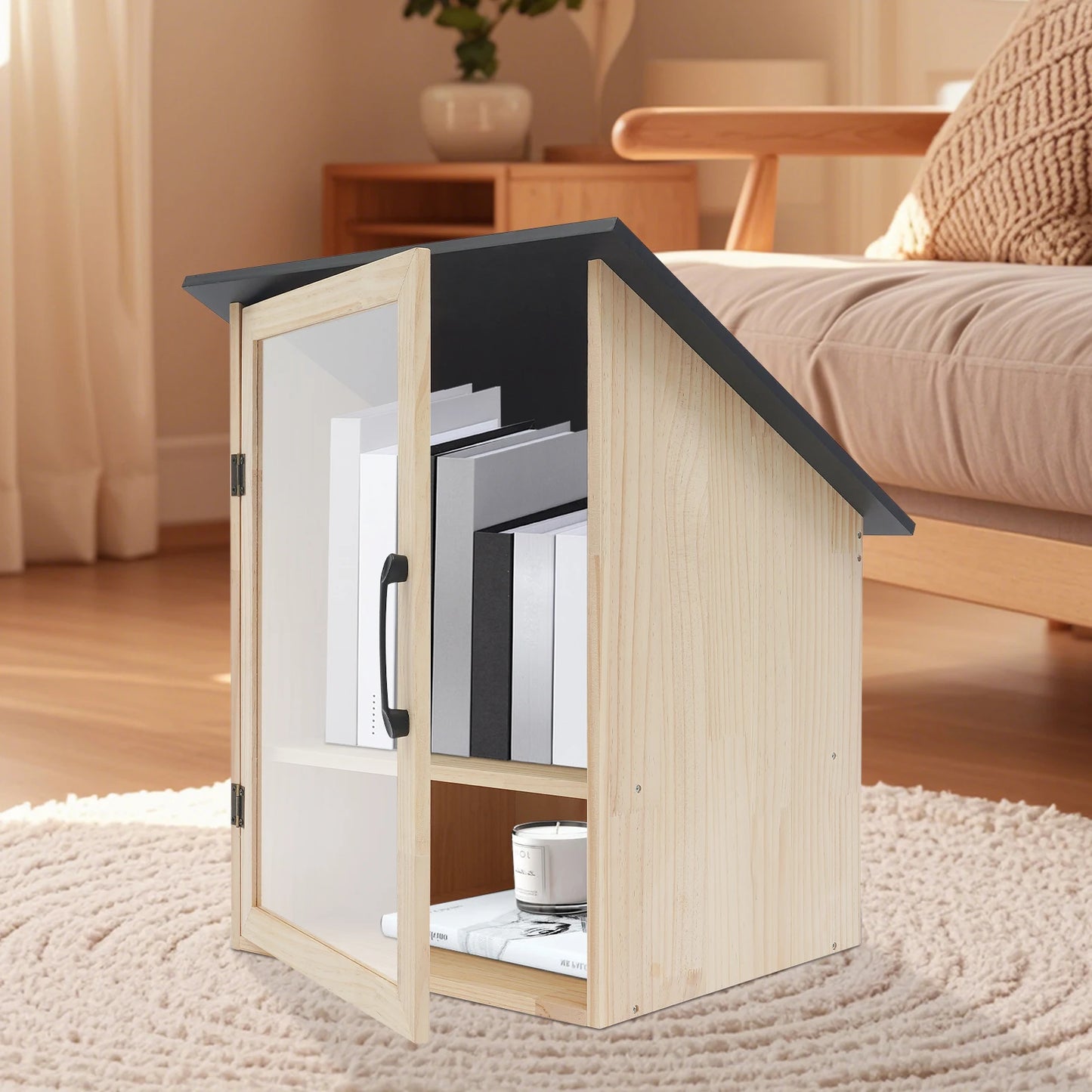 Pine And Acrylic Display Bookcase Two Tier Cabinet With Door