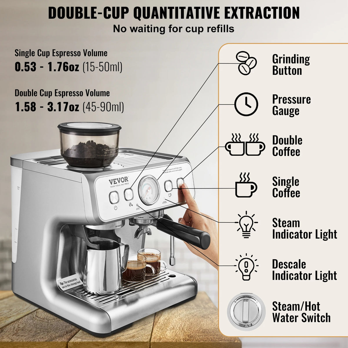 VeVOR 15 Bar Semi Automatic Espresso Coffee Maker With Grinder