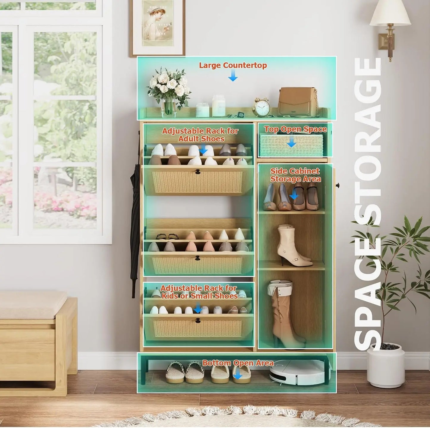 Rattan Shoe Cabinet With Four Tier Storage And Flip Drawers