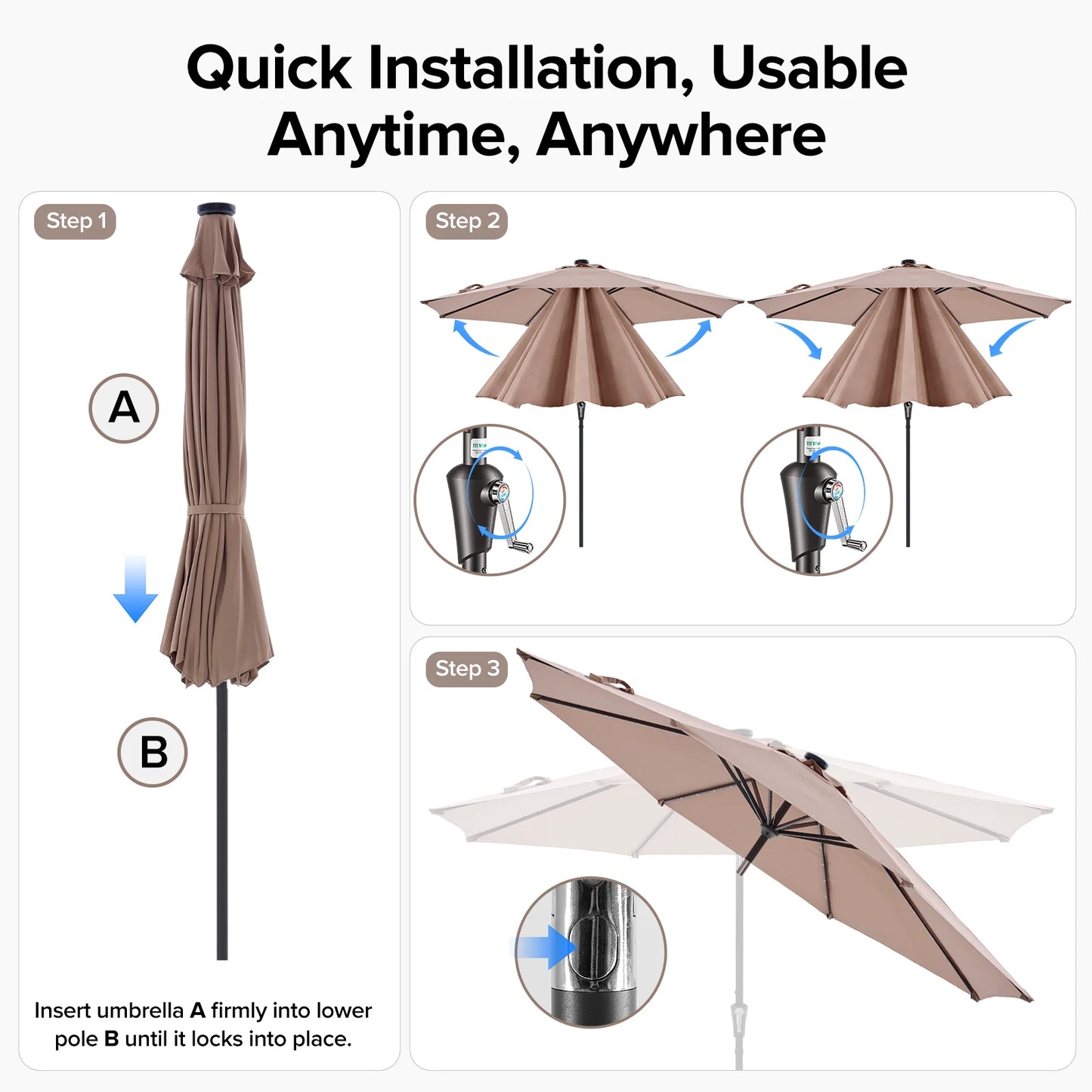 JHK Solar 32 LED Outdoor Patio Umbrella With Tilt And Crank UV Resistant