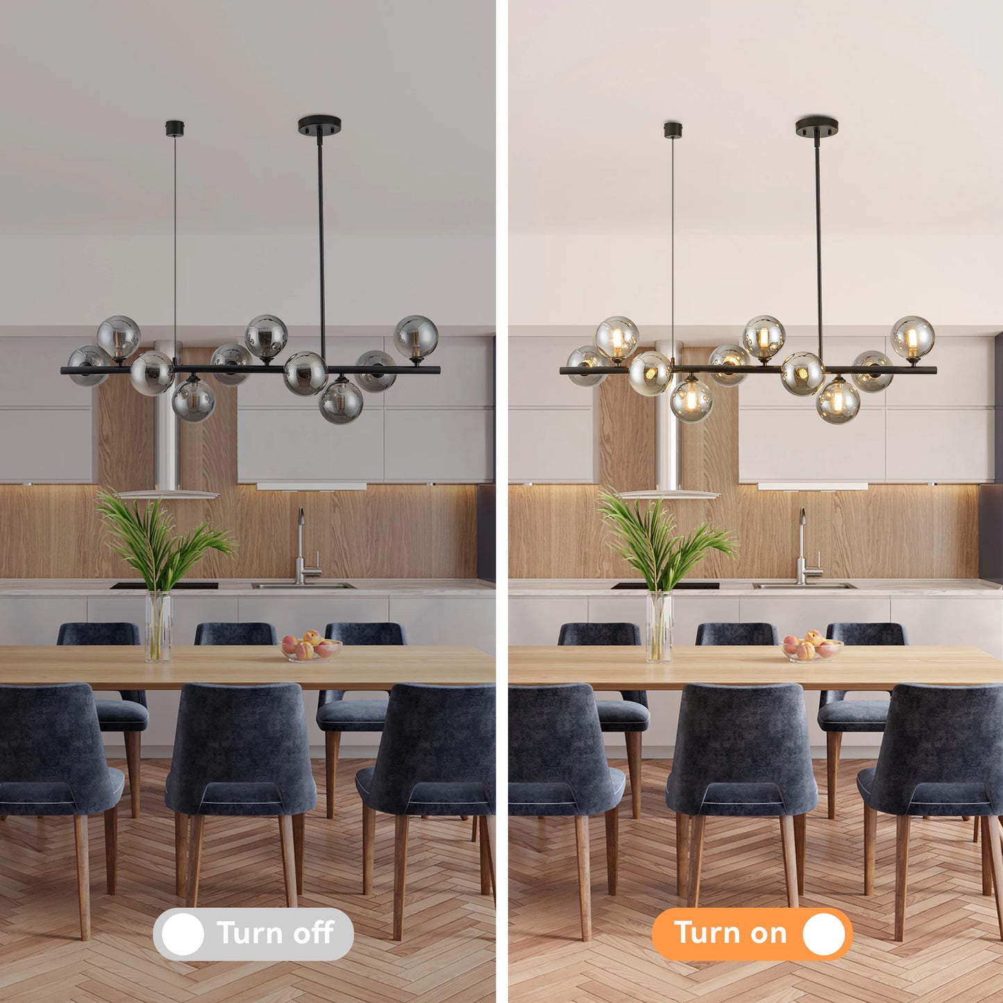 10 Light Adjustable Chandelier Smoked Glass Globes Mid Century Modern