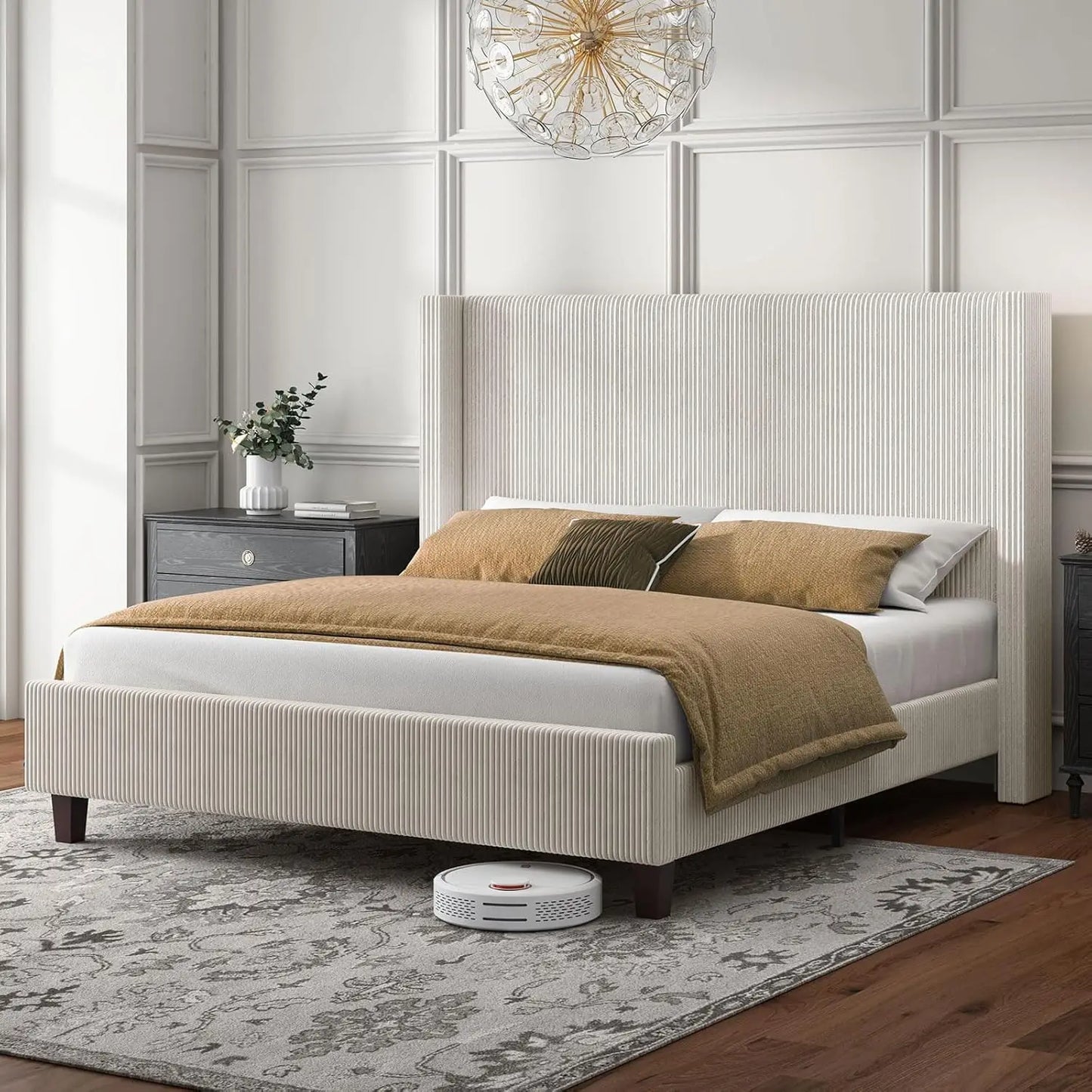General Modern Corduroy Wingback Upholstered Bed Frame