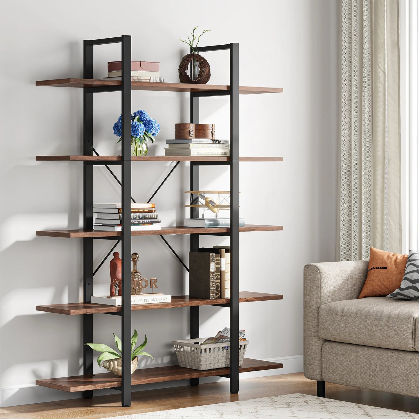 Tribesigns 5 Tier Bookshelf Vintage Industrial Style Bookcase