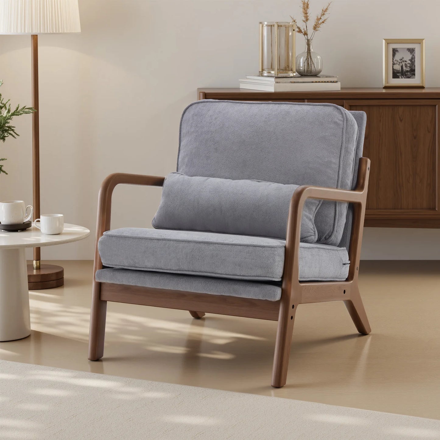 JHK Mid Century Modern Wood Frame Accent Chair With Arms Reading Chair