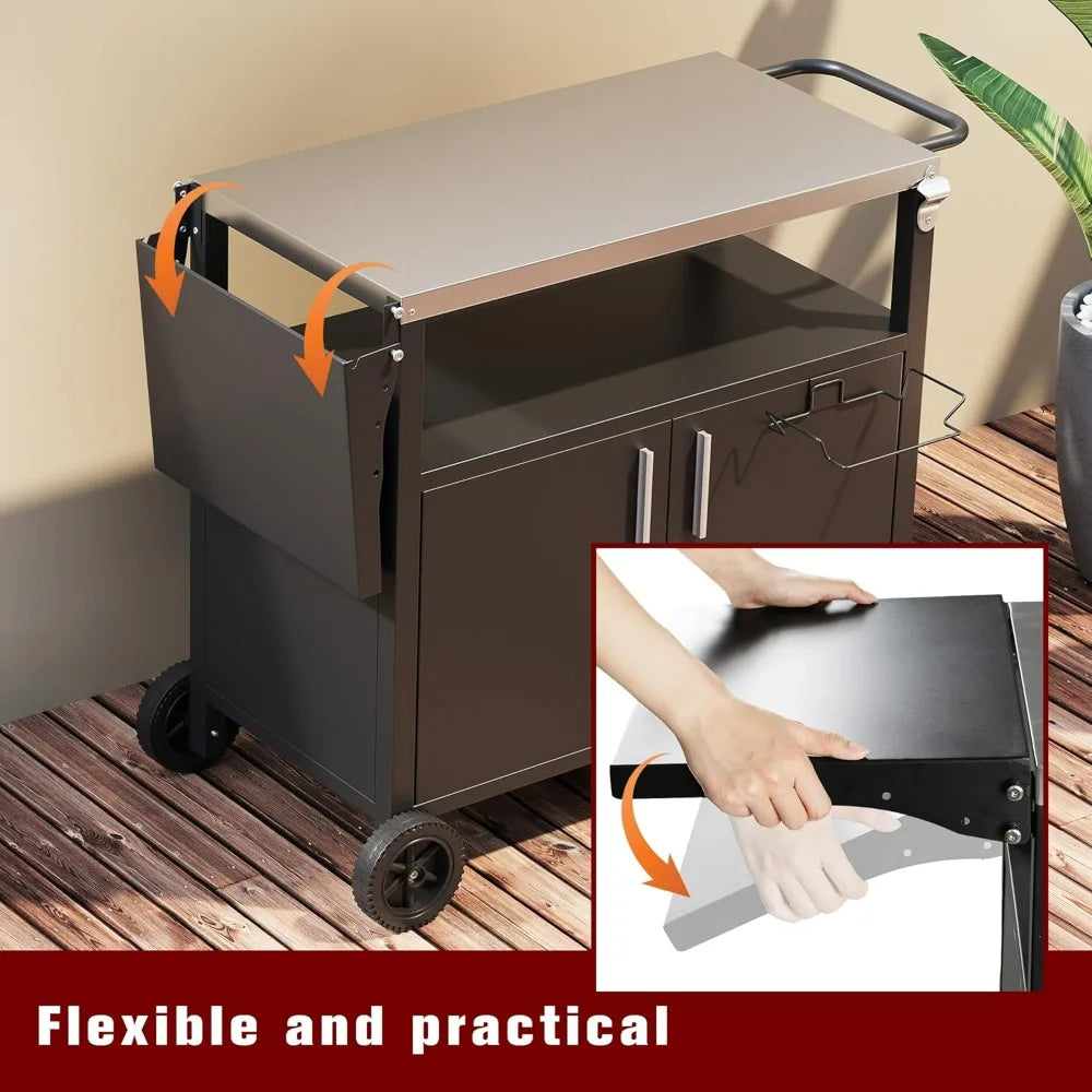Outdoor Grill Cart Storage Kitchen Island With Foldable Steel Top