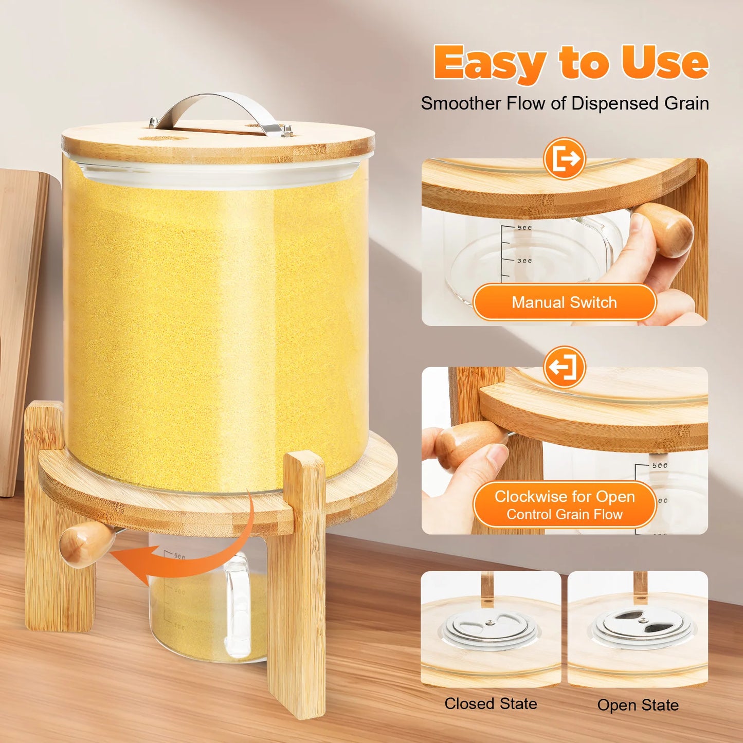 Airtight Glass Food Storage Dispenser With Bamboo Lid Cup Stand