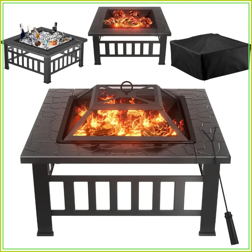 Metal Square Fire Pit Table With Spark Screen Outdoor Cover