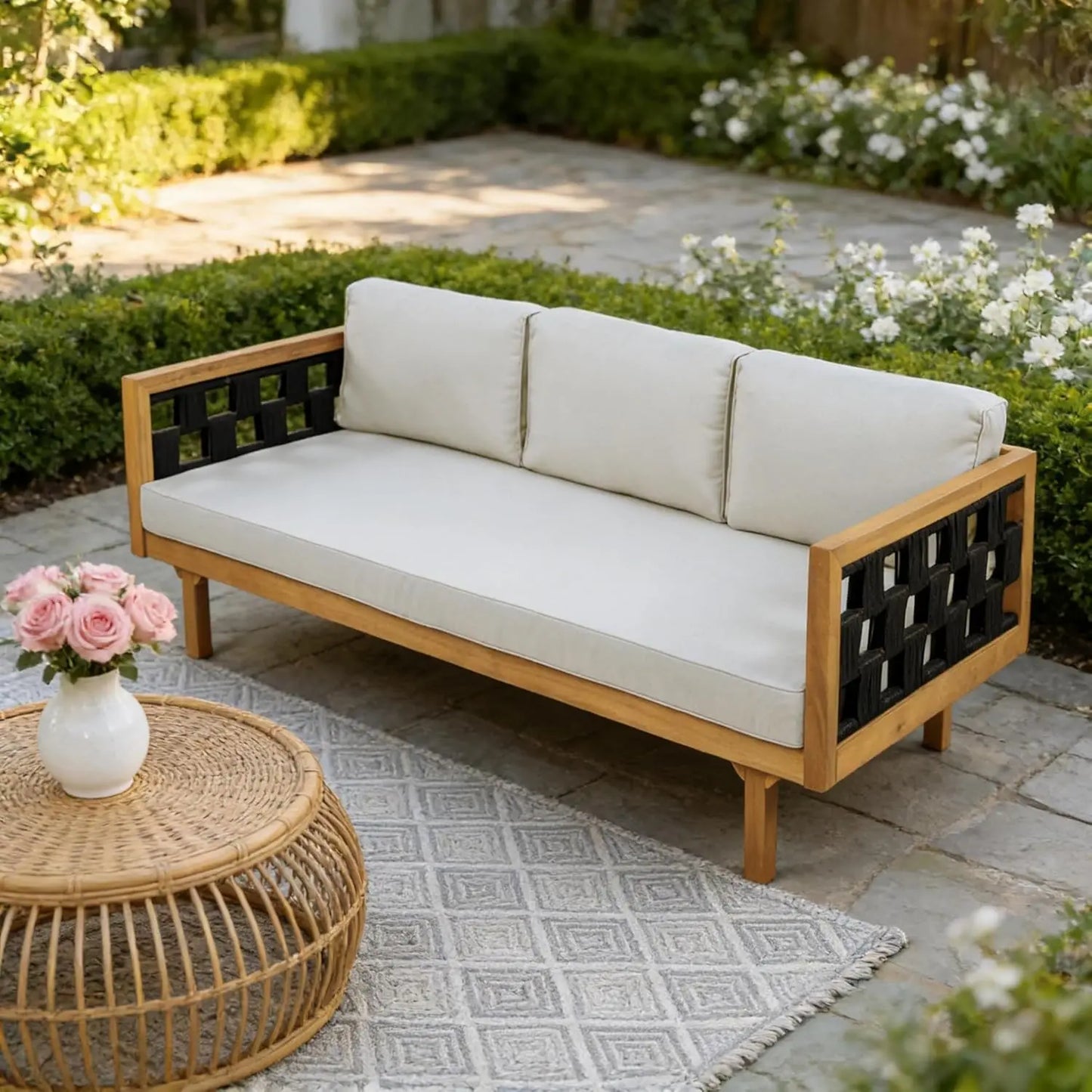Acacia Wood Outdoor Daybed Sofa With Coffee Table And Cushions