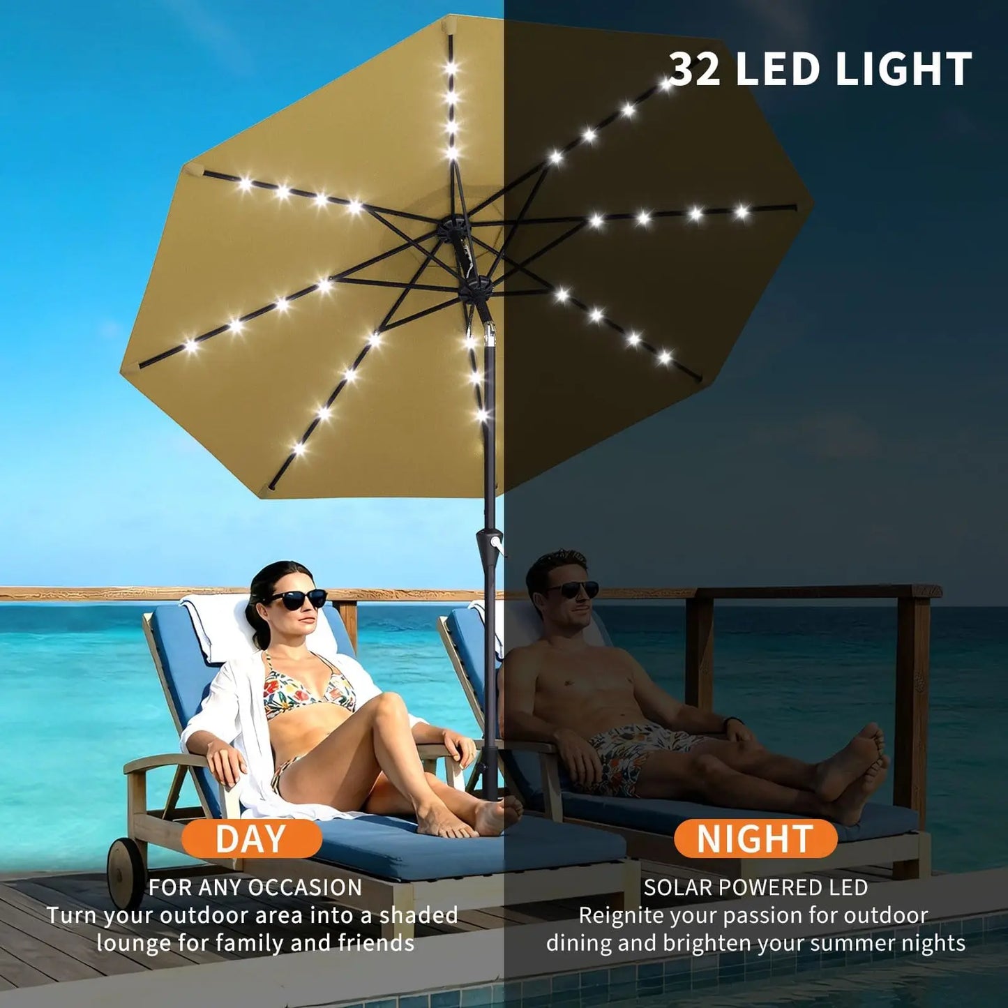 Studyset Solar Powered Patio Umbrella With 32 LED Lights Tilt