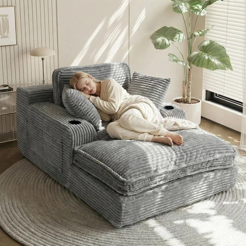 Chaise Lounge Chair Indoor Corduroy With Cup Holders And Pockets