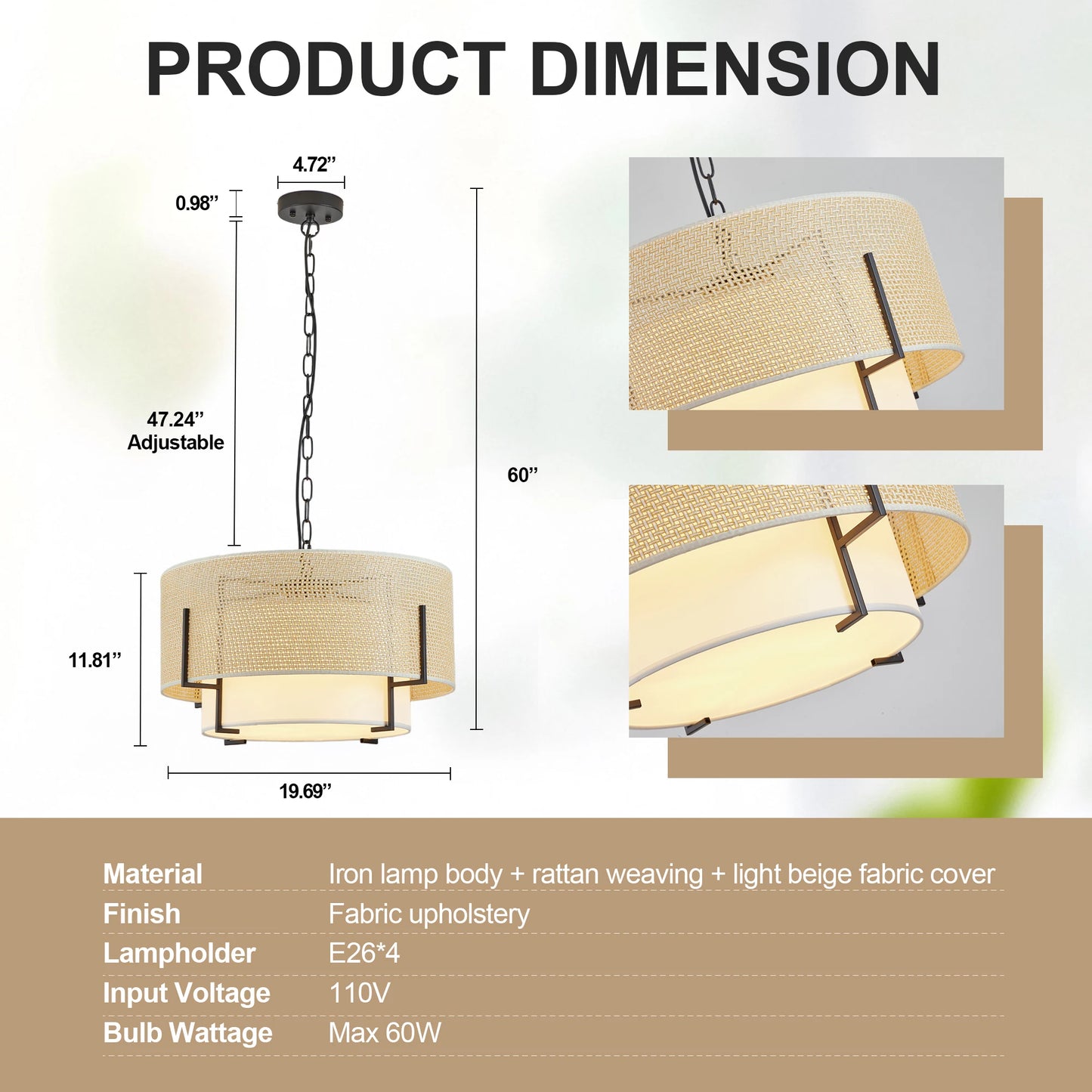 Zhikea Farmhouse Boho Chandelier With Rattan And Fabric Shade