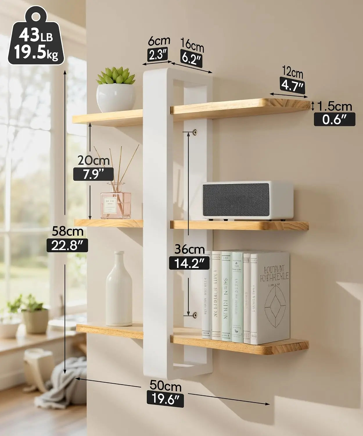 Floating Three Tier Pine Wood Wall Shelves For Living Room