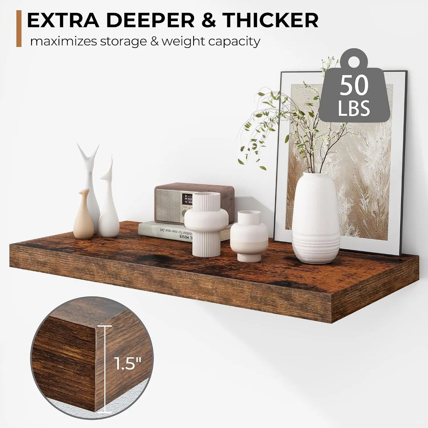 Rustic Wooden Floating Shelves Wall Mounted Living Room Kitchen