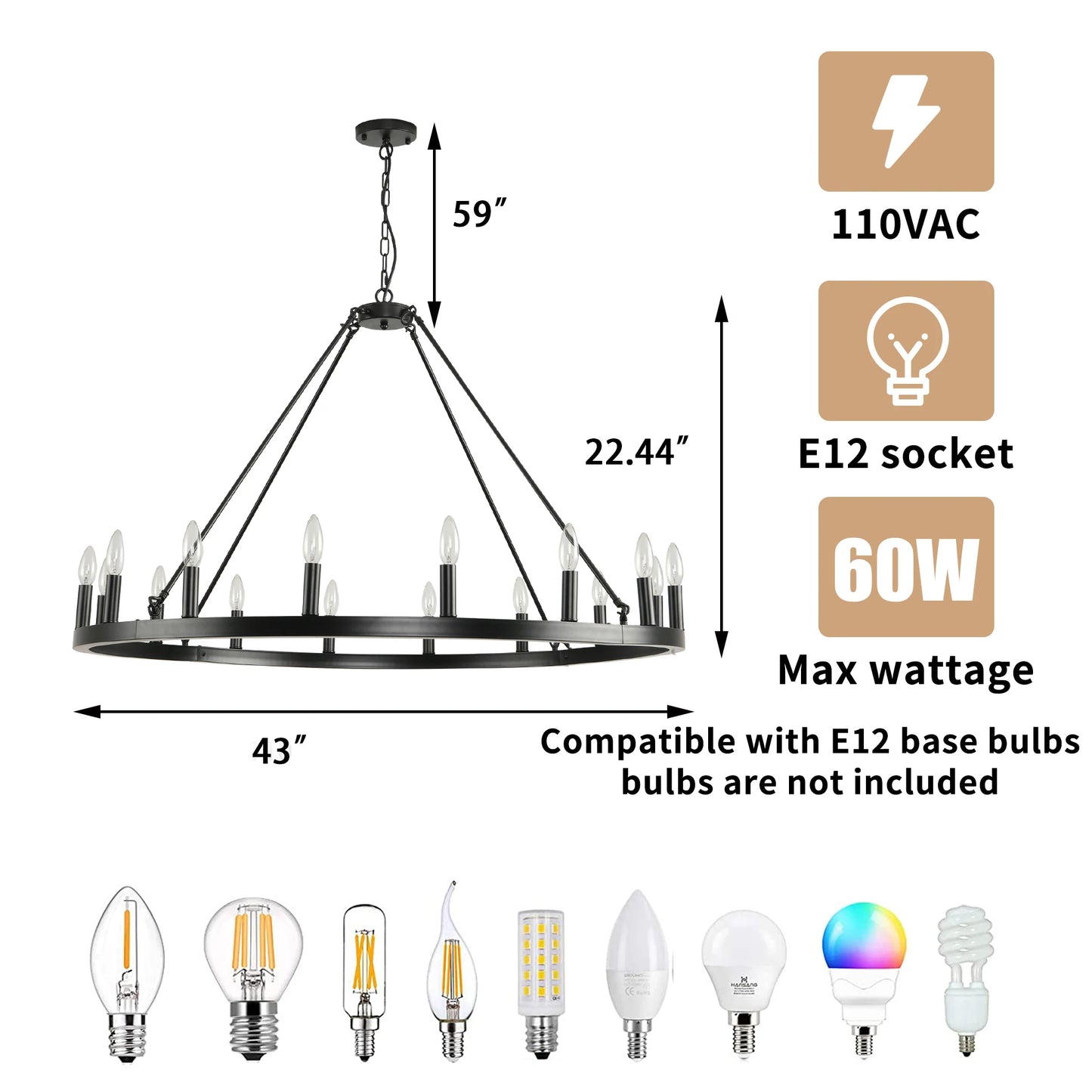 LovingC 16-Light Wagon Wheel Chandelier Modern Rustic Pendant