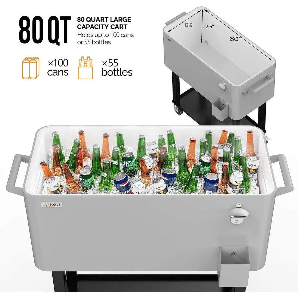 Rolling Ice Chest Wheels 80 Quart Portable Beverage Cooler Cart