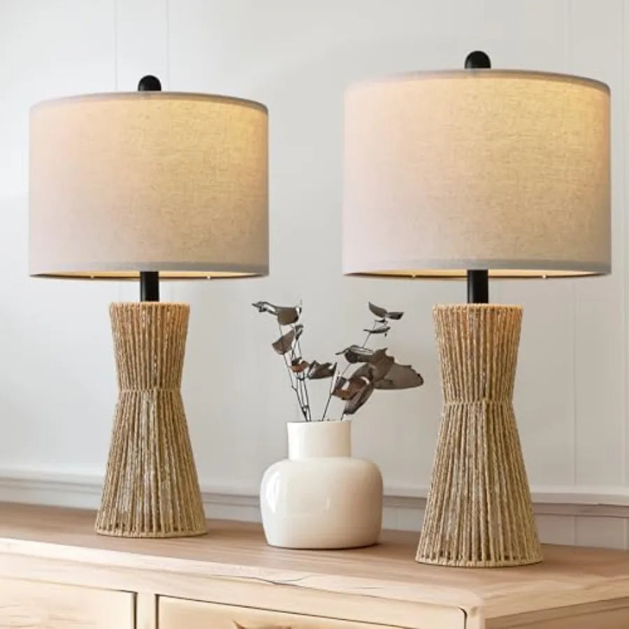 Boho Rattan Table Lamps Set Of 2 For Living Room And Bedroom