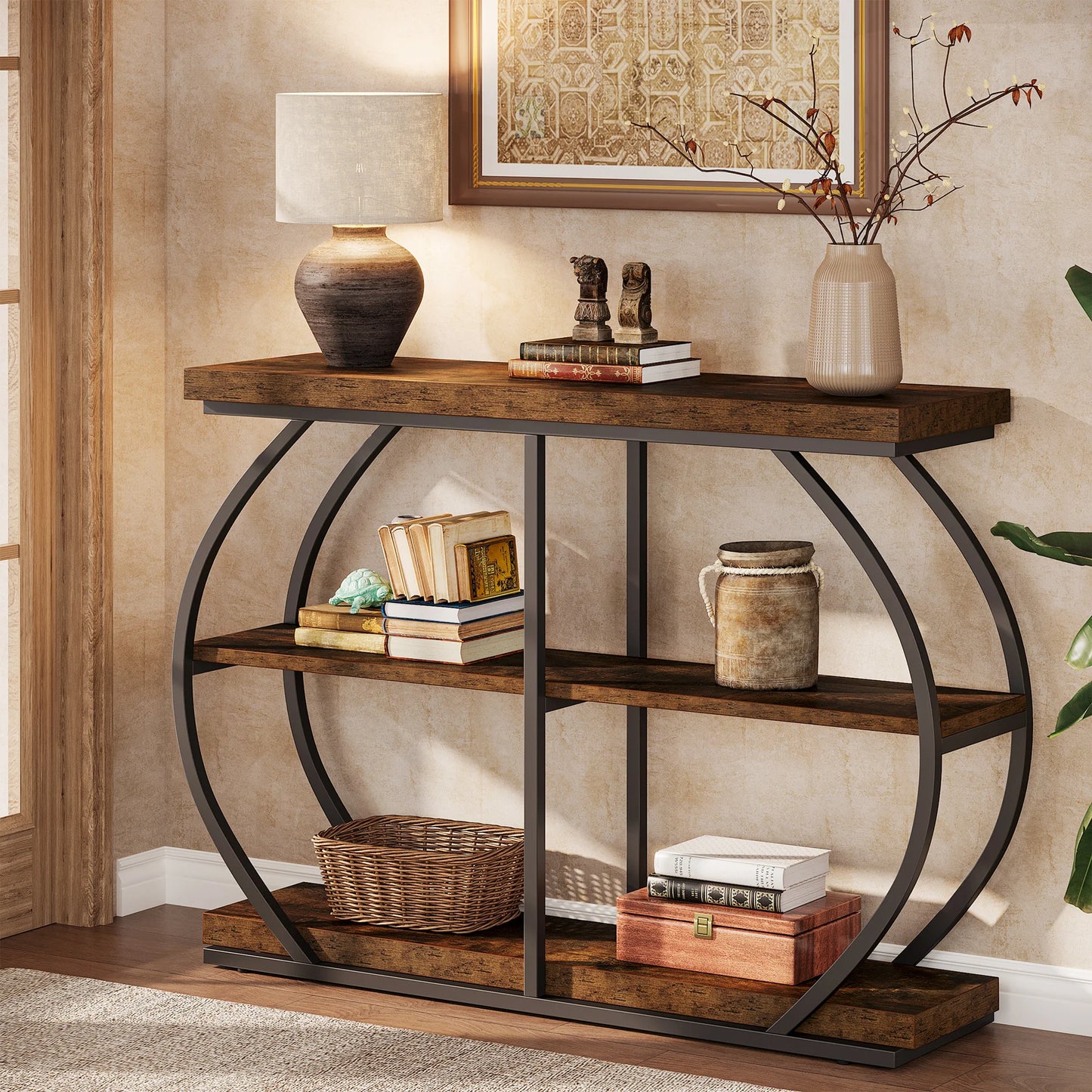 Tribesigns Industrial Console Table Arched Metal Frame With Storage Shelves
