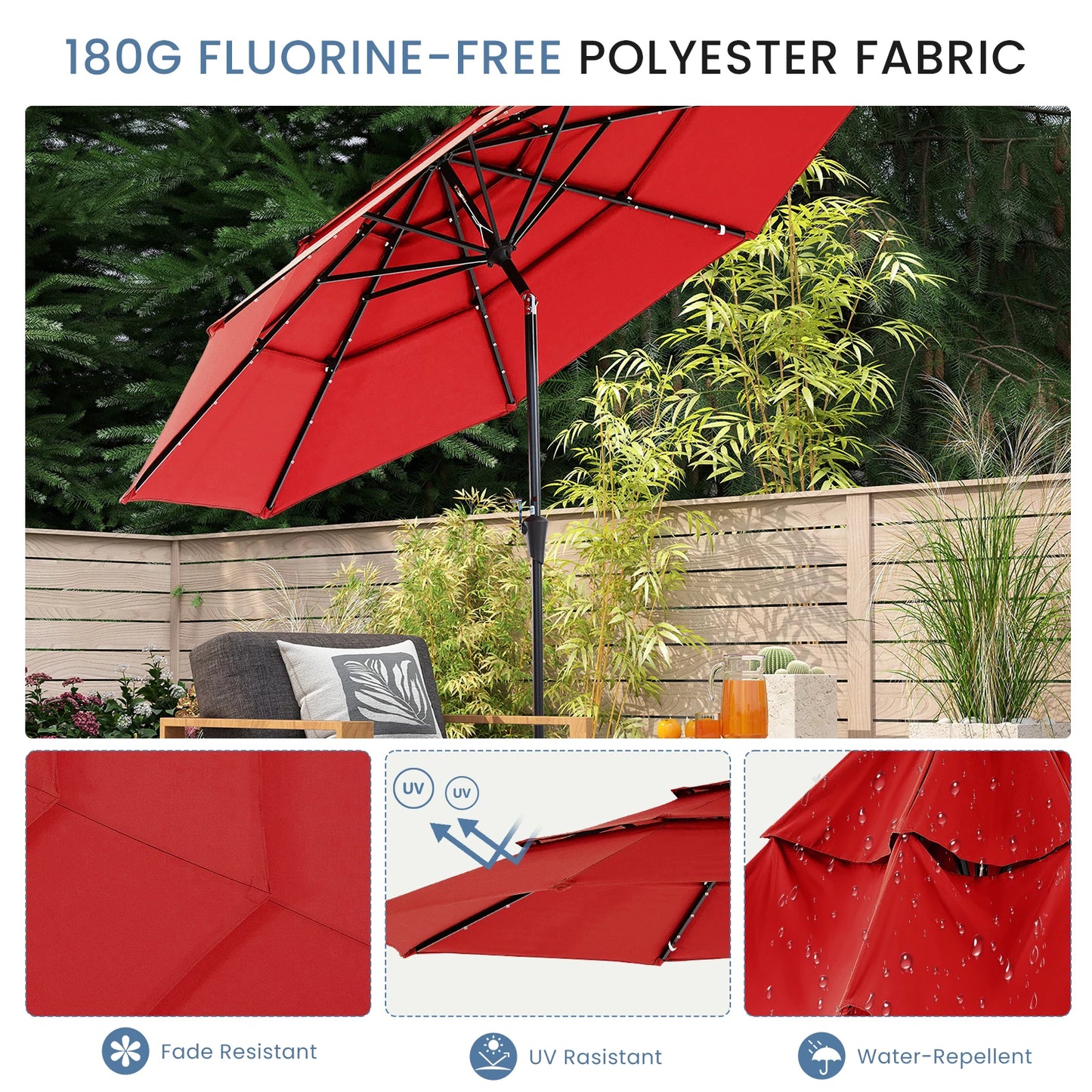 Solar Patio Umbrella With 32 LED Lights For Outdoor Shade