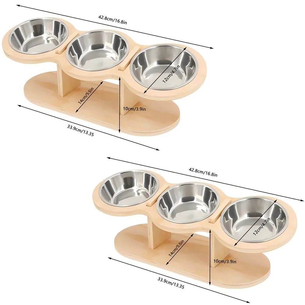 Cat Raised Feeder Three Stainless Steel Bowls Tilted 15 Degree