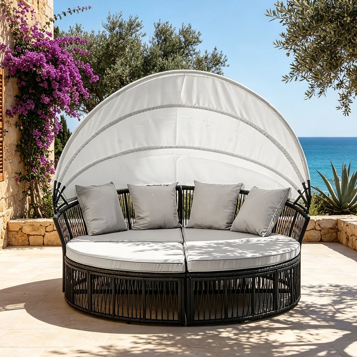 Avenvista Outdoor Rattan Daybed With Foldable Canopy And Cushions