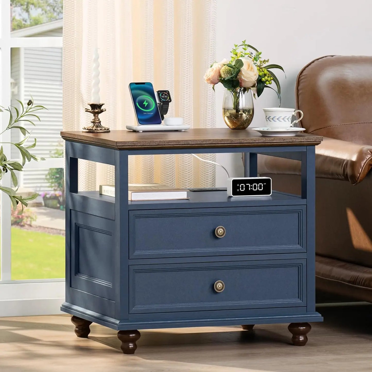 Farmhouse Nightstand With Charging Station