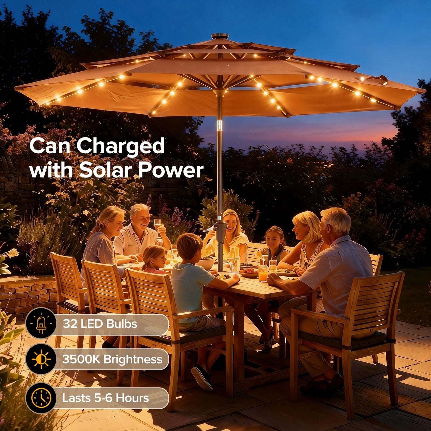 JHK 3-Tier Patio Umbrella With 32 LED Lights And Crank
