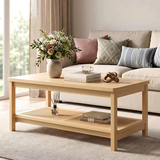 HiMISS Boho Rattan Coffee Table With Storage Shelf Two Tier