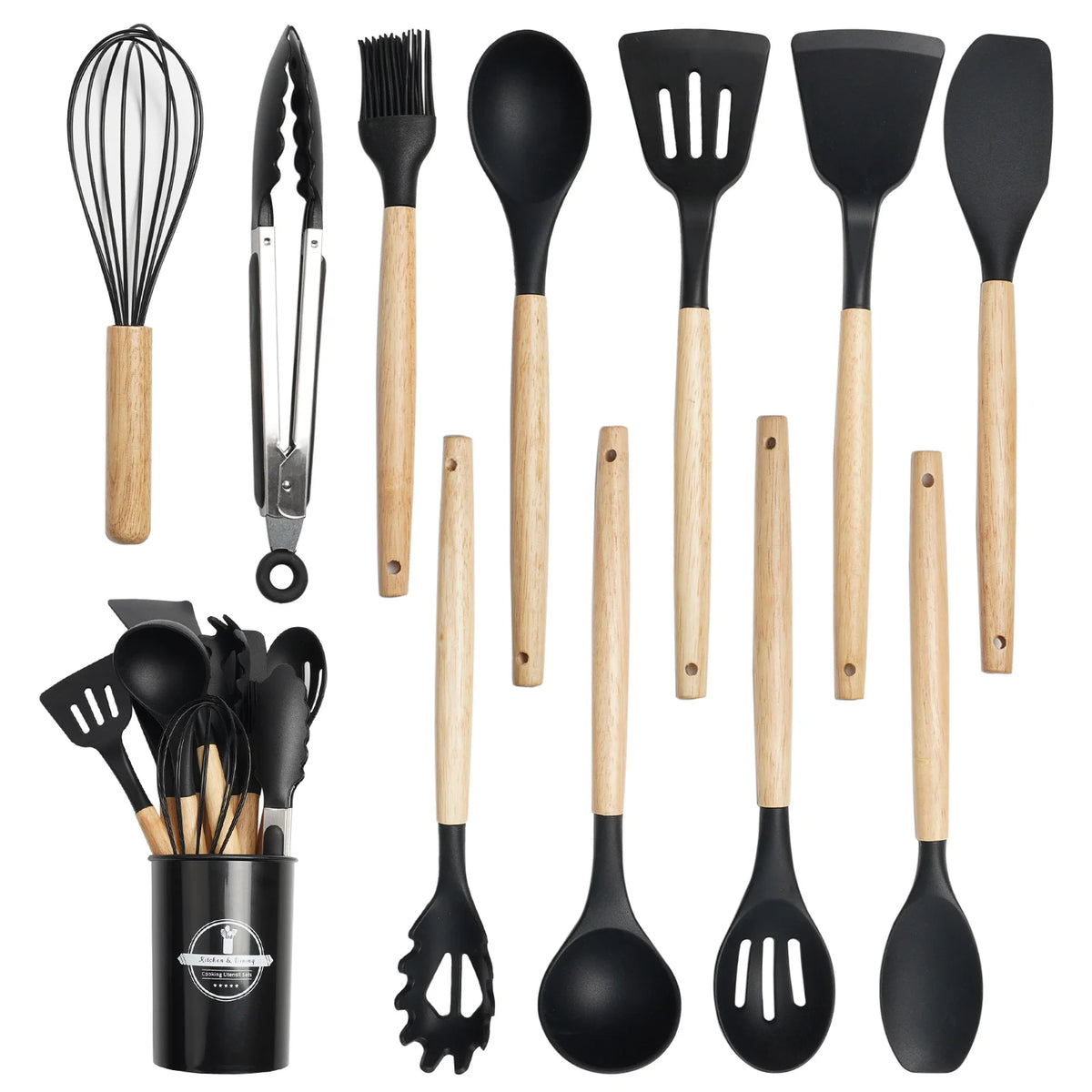Koomade Silicone Cooking Utensil Set With Wooden Handles And Holder