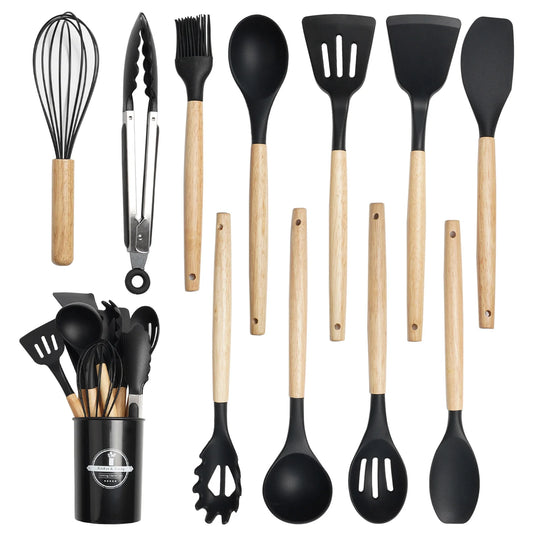 Koomade Silicone Cooking Utensil Set With Wooden Handles And Holder