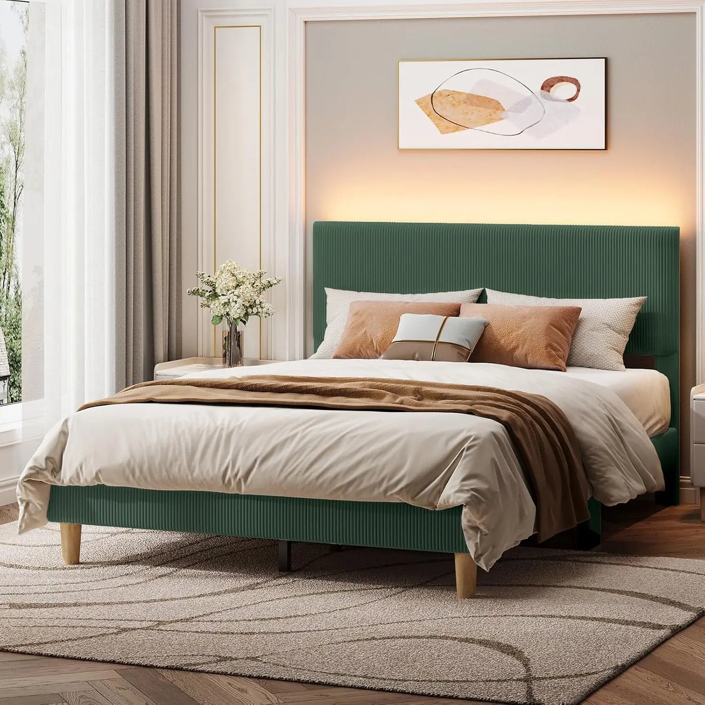 Bed Frame With Headboard And LED Lighting Wooden Slats Support